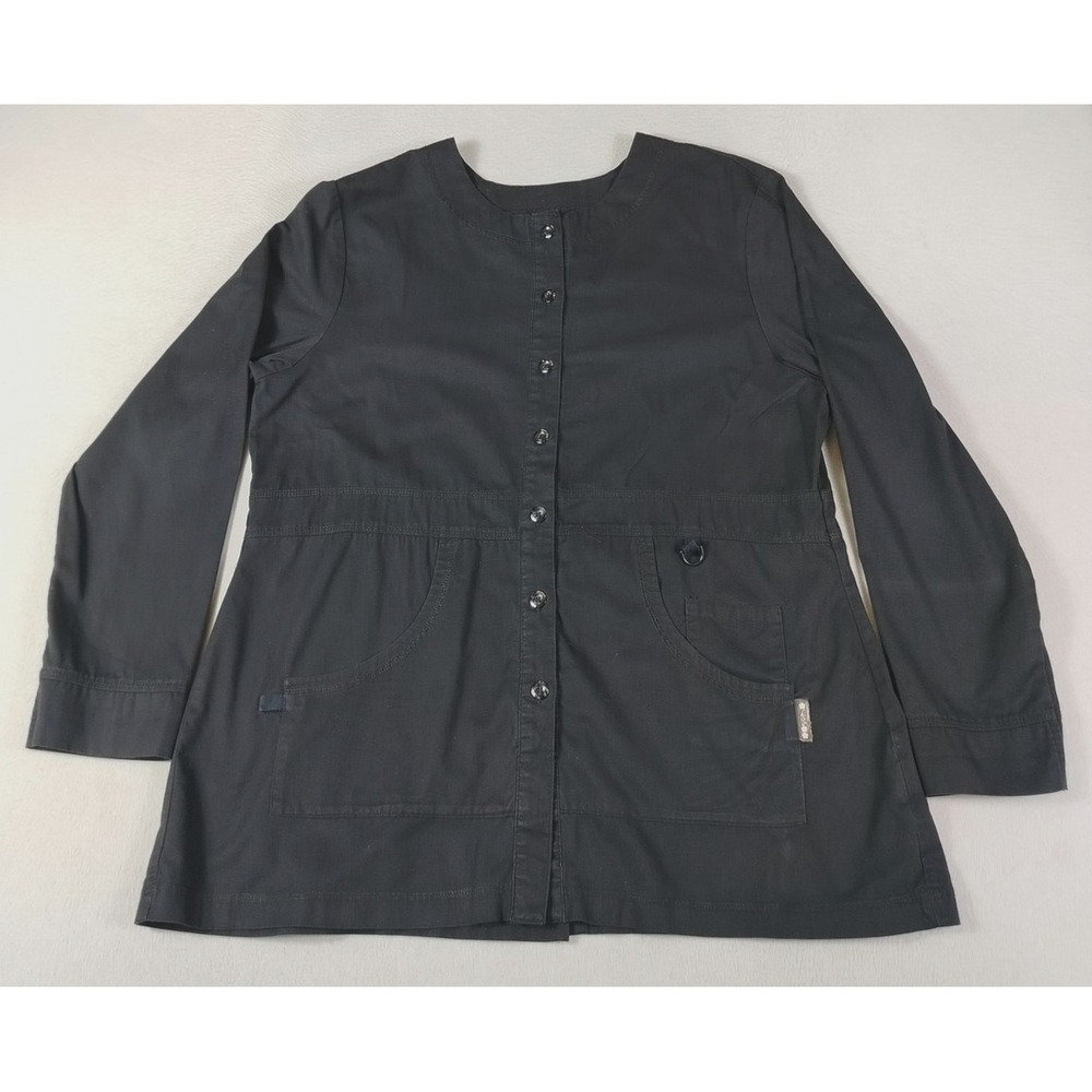 Koi Scrub Top Womens XL Black Button Front Solid Pockets Medical Nurse ER Doctor